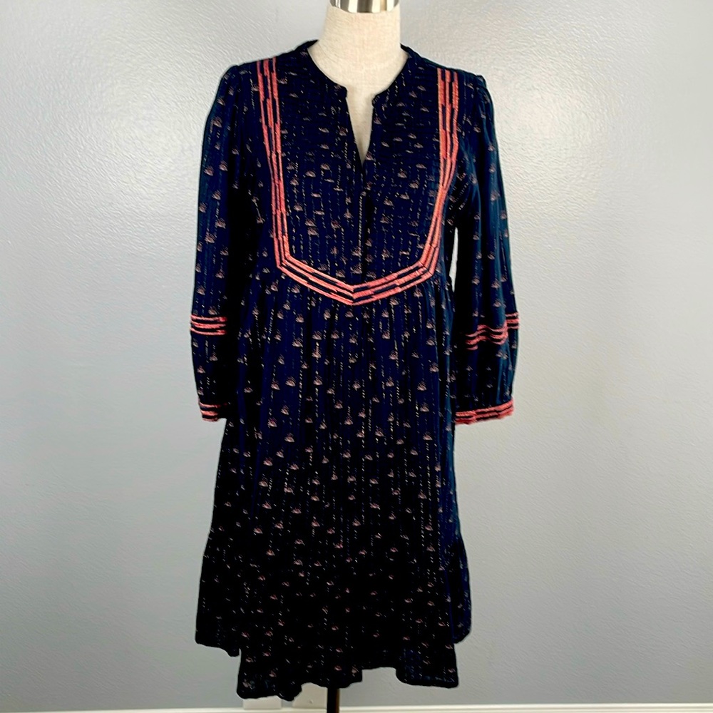 Maison 123 Navy bib embroidered ruffle hem 3/4 sleeve cotton boho dress size 6
